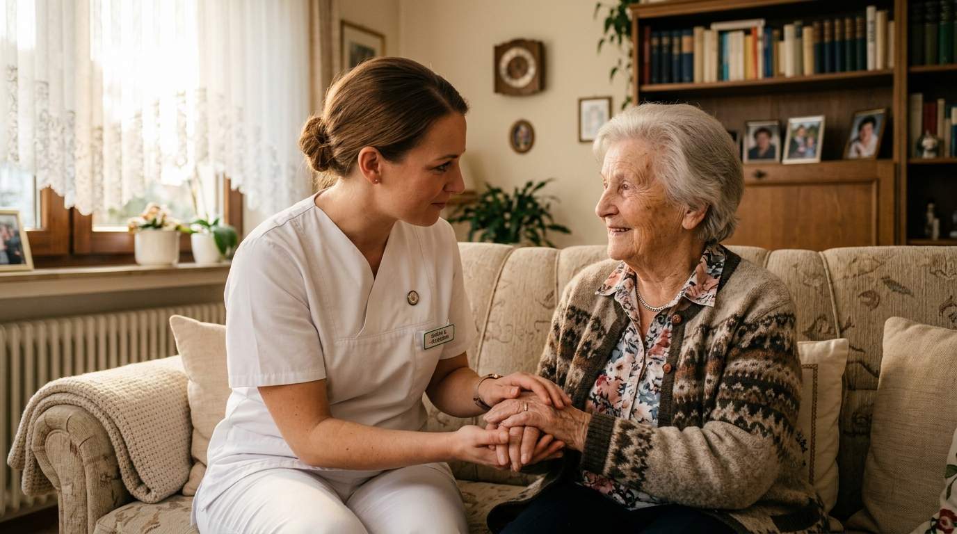 Pflegerin bei einfühlsamem Hausbesuch – ambulante Pflege im häuslichen Umfeld
